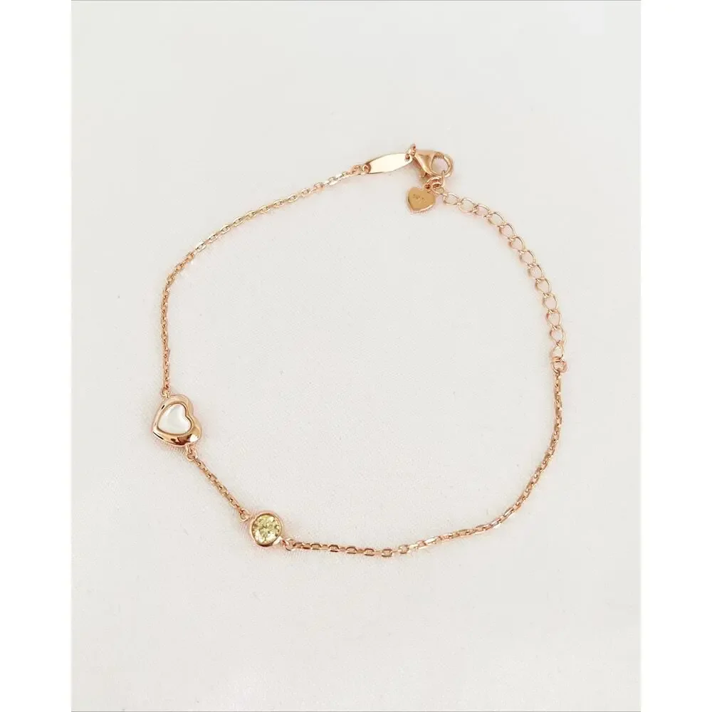 ROSE GOLD Mother Of Pearl Bracelet Heart Charm Bezel Set Crystal S925 Dainty